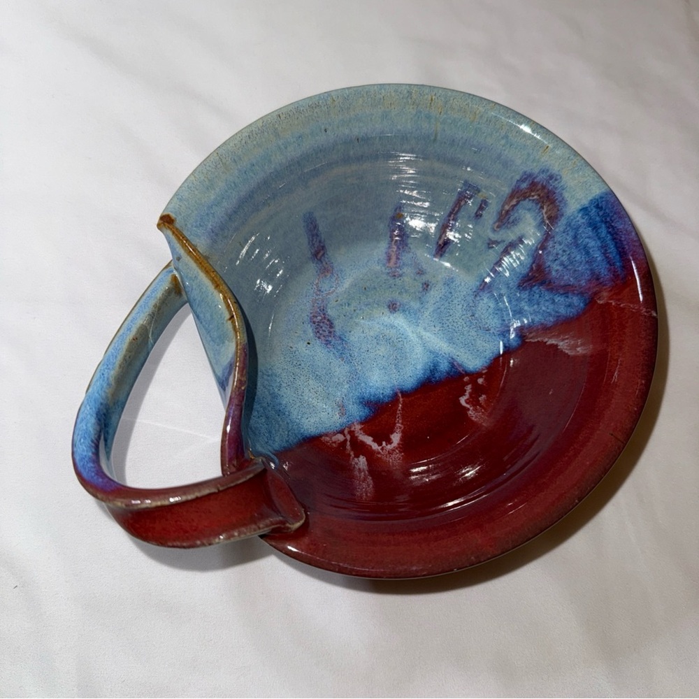 Artisan Ceramic Bowl with Handle - Blue and Red